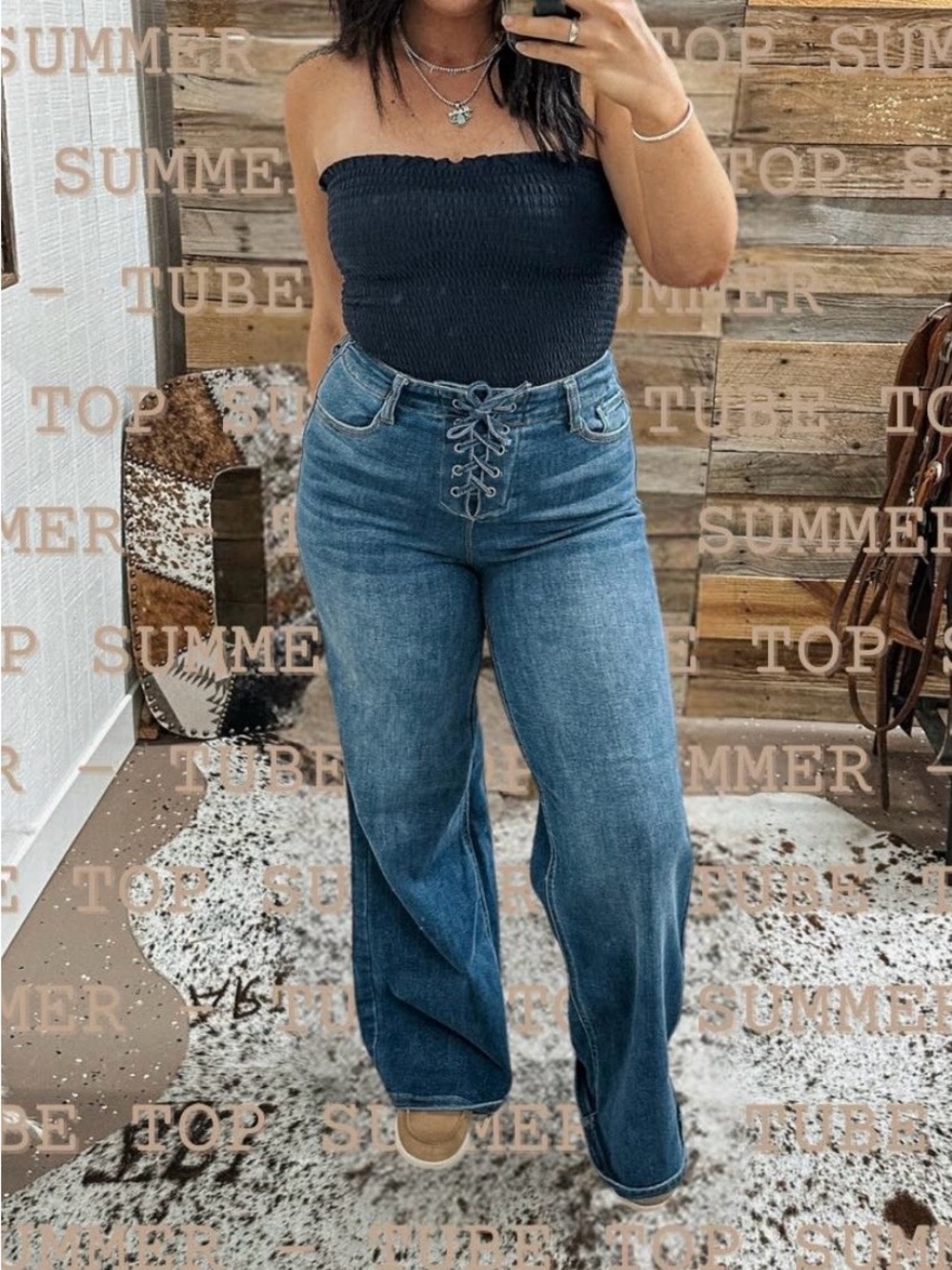 Cello Lace-Up High Rise Wide Leg Jeans - Blue